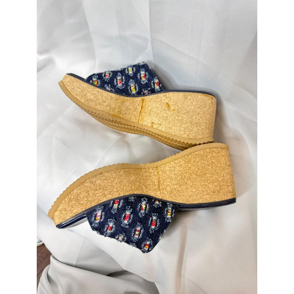 On‎ Your Feet Denim Embroidered Cork Platform Wedge Slide Sandals 7.5M